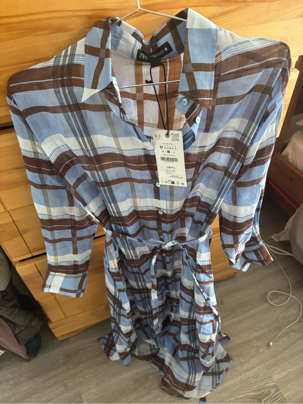 Zara Light Blue and Brown Plaid Midi Shirt Dress
